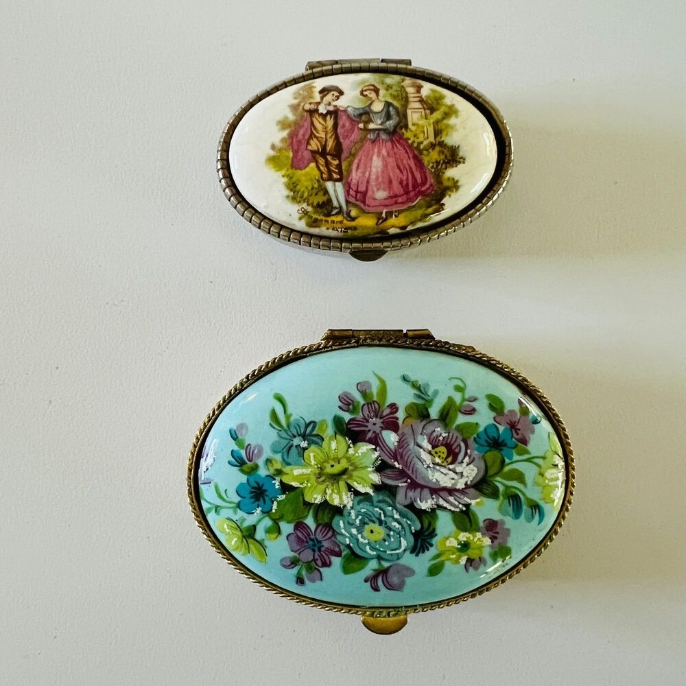 Vintage Antique French Small Round Oval Enamel Trinket Jewelry Pill Box-Set of 2